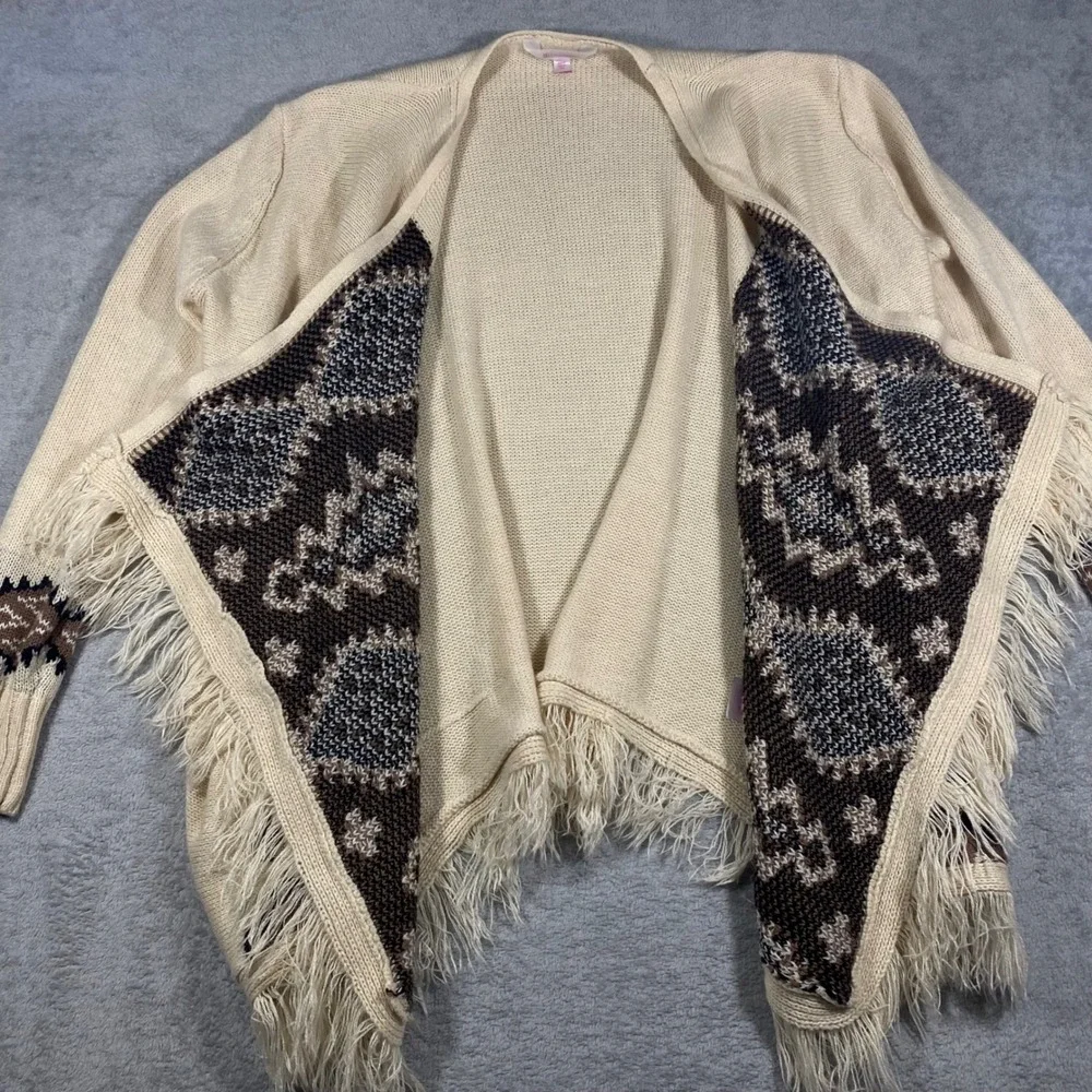 No Boundaries Cardigan Women Large L Cream Southwestern Fringe Open‎ Front Knit
